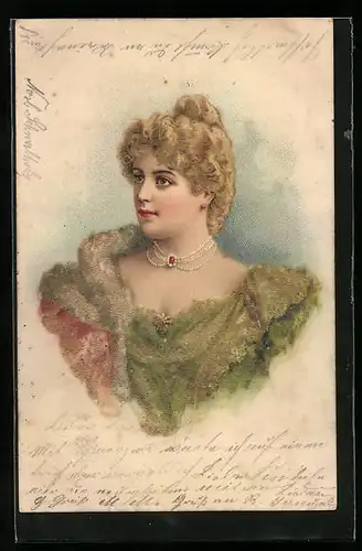 Lithographie Dame im festlichen Abendkleid, Jugendstil