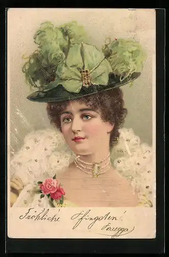 Lithographie Frau mit grünem Hut, Jugendstil