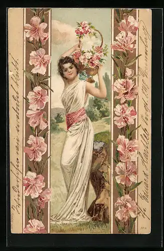 Lithographie Dame in Tunika mit Blumenkorb, Jugendstil