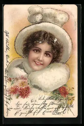 Lithographie Frau im Wintermantel, Jugendstil