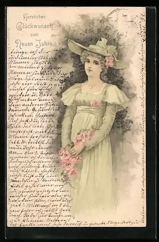 Lithographie Dame in grünem Gewand mit Rosen, Jugendstil