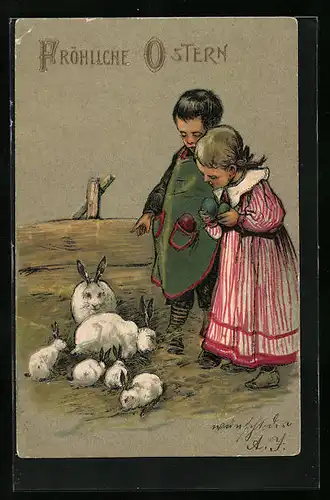 Präge-AK Zwei kleine Kinder und ihre Hasen, Osterhase, Grusskarte