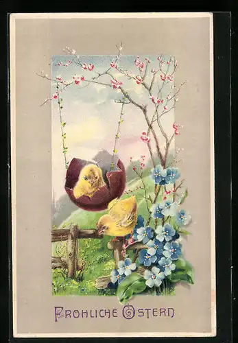 Präge-AK Zwei Küken in schöner Landschaft, Osterküken, Grusskarte