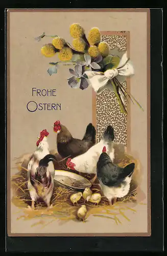 Präge-AK Hennen mit Ihren Küken, Osterküken, Grusskarte
