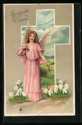 Präge-AK Osterengel in pinkem Kleid und kleinen Glöckchen, Grusskarte