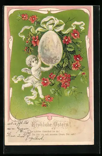 Präge-AK Kleiner Osterengel hält ein grosses Osterei, Grusskarte