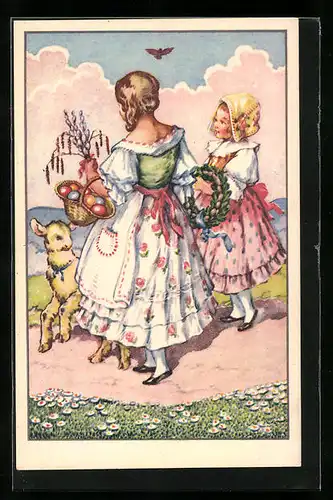 AK Zwei kleine Mädchen mit einem Korb voll mit Ostereiern, Grusskarte