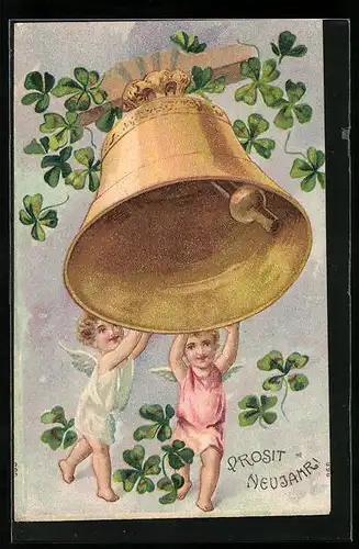 Präge-AK Zwei kleine Neujahrsengel läuten eine grosse Glocke