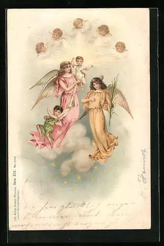 AK Zwei Engel halten ein kleines gesegnetes Kind