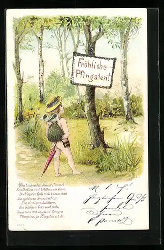 AK Kleiner Engel mit Rucksack und Schirm, Pfingtsgruss