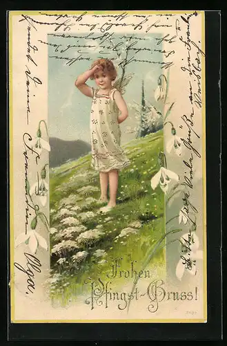 AK Kleiner Engel im weissen Kleid steht auf einer Wiese, Pfingst-Gruss