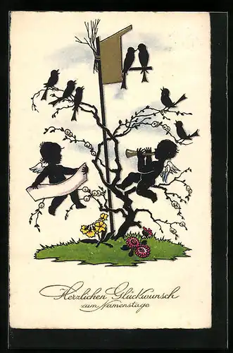 AK Silhouette zweier musizierenden Engel auf einem Baum, Namenstag