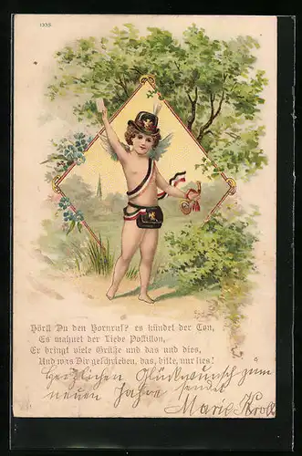 Künstler-AK Amor mit Hut und Trompete geht durch Wald