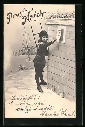 AK Kleiner Schornsteinfeger am Kalenderblatt 1. Januar, Neujahrskarte