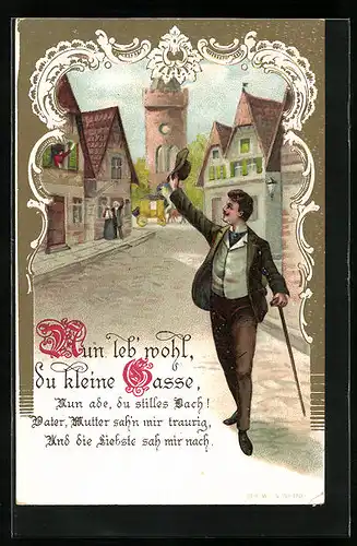 Präge-AK Herr an einer Gasse winkt mit dem Hut