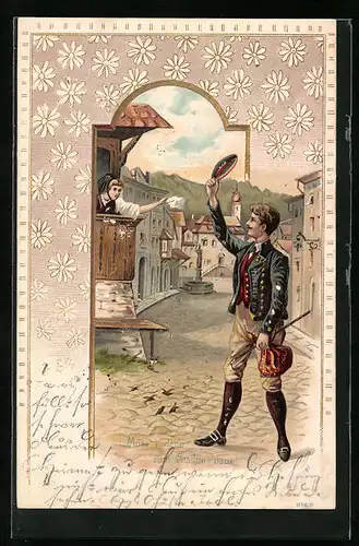 Präge-AK Muss i denn zum Städtle `naus, Herr winkt Frau auf dem Balkon zu