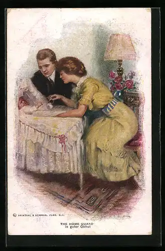 AK In guter Obhut, Junges Paar bei Baby am Bettchen
