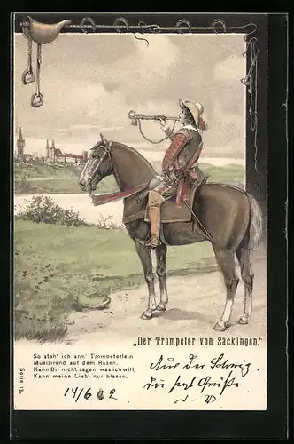 Präge-Künstler-AK Säckingen, Behüt Dich Gott!, Der Trompeter von Säckingen zu Pferde vor der Stadt