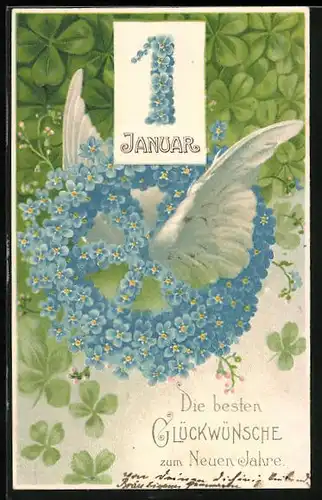 Präge-AK Kalenderblatt erster Januar, Rad aus Blumen mit Flügeln und Kleeblättern, Neujahrsgruss