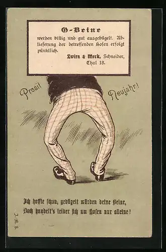 Lithographie Neujahrsgruss, O-Beine werden billig und gut ausgebügelt