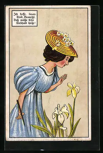 Künstler-AK Ich hoffe, liebes Kind, Du weisst, Dass weisse Lilie Unschuld heisst!