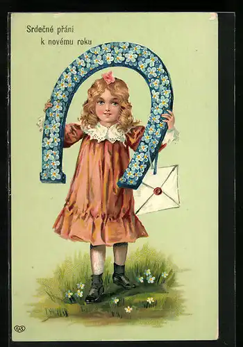 Künstler-AK Srdecne prani k novemu roku, Blumenbild, Hufeisen