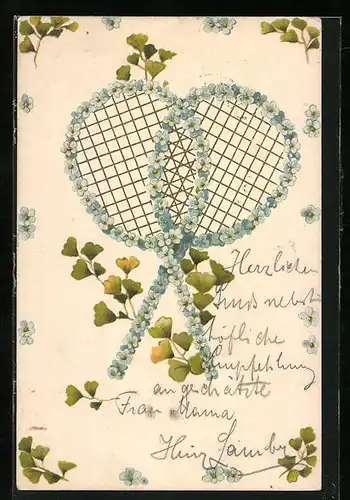 Künstler-AK Tennisschläger aus Blumen, Ginkoblätter
