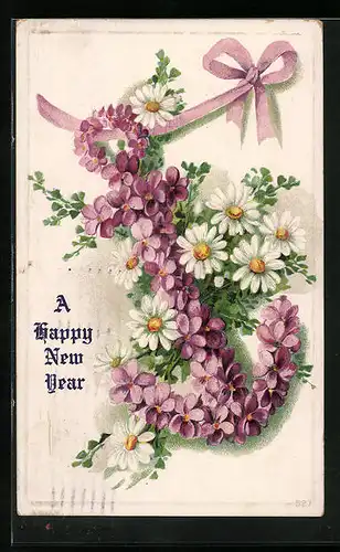 Präge-AK Neujahrsgruss, A Happy New Year, Anker aus Blumen
