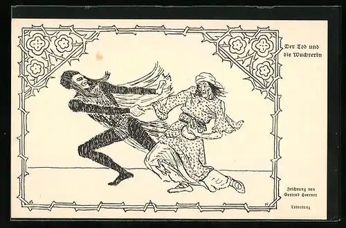 Künstler-AK Der Tod und die Wuchrerin, Zeichnung Gertrud Hoerner, Totentanz