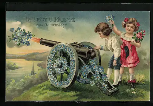 Präge-AK Blumenbild mit Kanone und Kindern