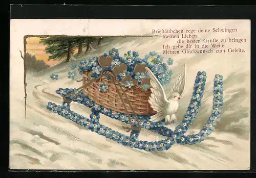 Präge-AK Schlitten aus Vergissmeinnicht mit Taube, Blumenbild