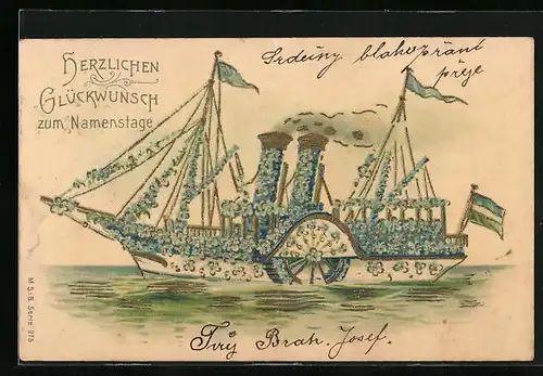 Präge-AK Schiff aus Vergissmeinnicht, Blumenbild
