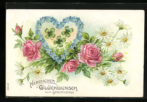 Präge-AK Blumenbild mit Rosen und Kleeblättern