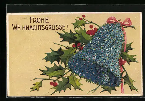 Präge-AK Blumenbild mit Glocke aus Vergissmeinnicht