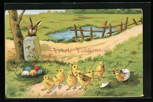 Künstler-AK Ostergruss, Veselé Velikonoce, Osterhase und Osterküken