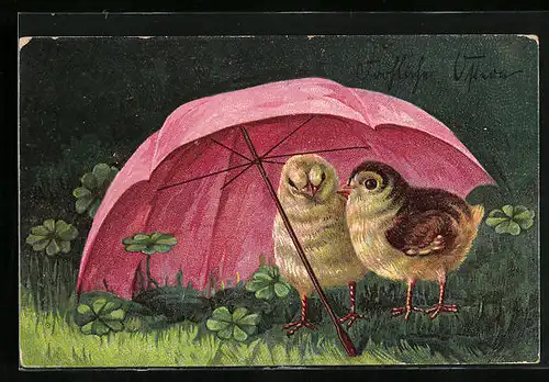 Künstler-AK Ostergruss, Osterküken unter einem Schirm