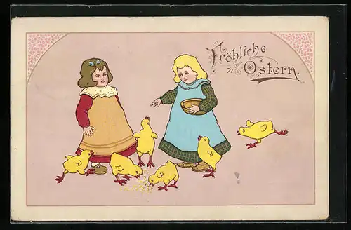 Präge-AK Ostergruss, Mädchen füttern Osterküken