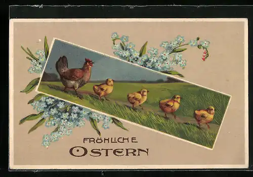 Präge-AK Ostergruss, Henne mit Osterküken, Vergissmeinnicht