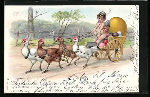 Lithographie Ostergruss, Osterengel lenkt von Hühnern gezogene Postkutsche