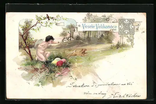 Lithographie Ostergruss, Veselé Velikonoce, Osterengel stibitzt Ostereier aus dem Osternest