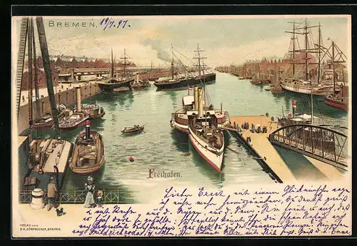 Lithographie Bremen, Dampfer im Freihafen