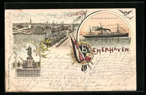 Lithographie Bremerhaven, Schnelldampfer des Nordd. Lloyd, Bürgermeister Smidt-Denkmal