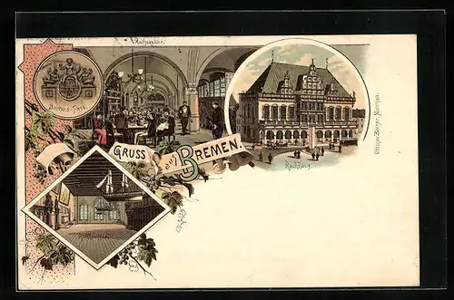 Lithographie Bremen, Gasthof Ratskeller, Rathaus, Innenansicht
