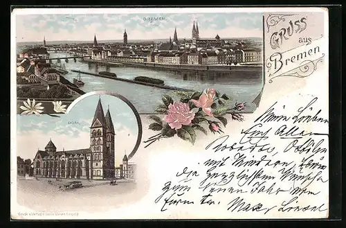 Vorläufer-Lithographie Bremen, 1895, Dom und Stadtpanorama
