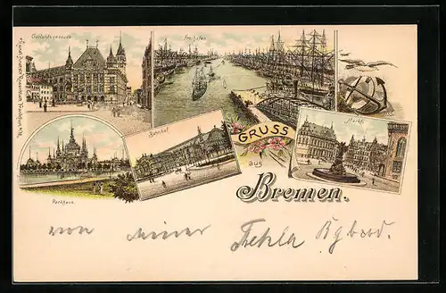 Lithographie Bremen, Gerichtsgebäude, Freihafen, Bahnhof