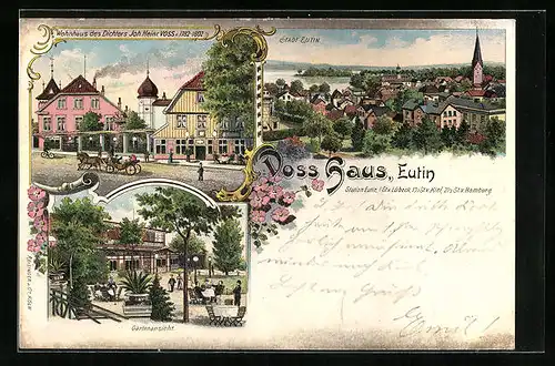 Lithographie Eutin, Panorama, Wohnhaus des Dichters Joh. Heinr. Voss, Gartenansicht