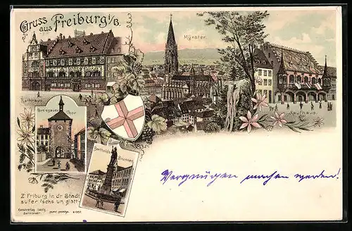 Lithographie Freiburg i. B., Rathaus, Münster, Kaufhaus, Breisgauer Tor, Wappen