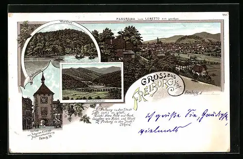 Lithographie Freiburg i. B., Waldsee, Panorama, Günthertal, Martinsthor