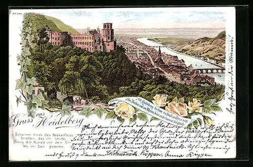 Lithographie Heidelberg, Totalansicht mit Schloss