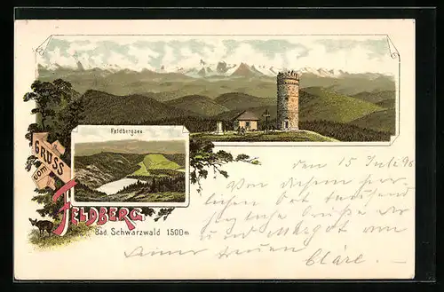 Vorläufer-Lithographie Feldberg /Schwarzwald, 1895, Aussichtsturm, Talblick auf den Feldbergsee